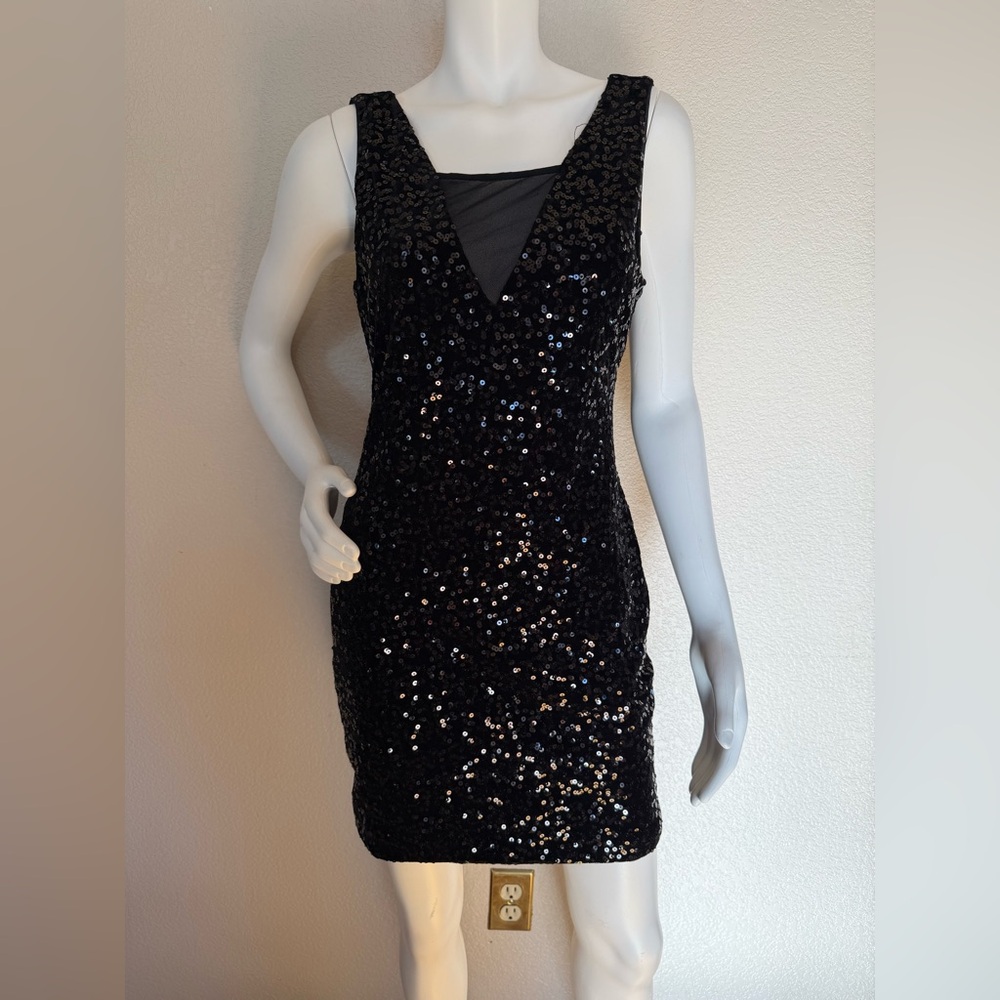 Black Sequin Mini Dress with Deep V-Neck Size M